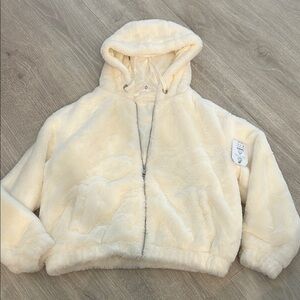 Cream Puffer Jacket with Hood and Full-Length Zipper